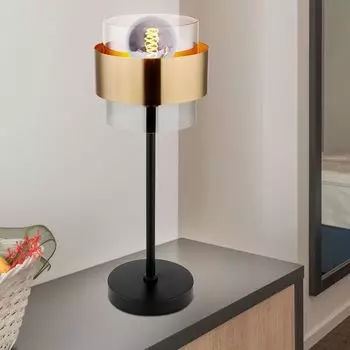 Лампа настольная, круглая, дымчатая, стекло, черный матовый, кольцо из латуни etc-shop