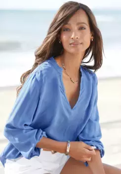 LASCANA Блуза без шнуровки, с длинными рукавами, легкая женская блузка, casual-шик, синий