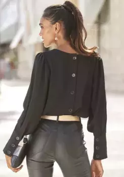 LASCANA Блуза с длинными рукавами, планкой на пуговицах сзади, элегантная женская блузка, деловой образ, черный