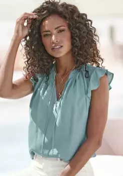 LASCANA Блузка без шнуровки, с рюшами на рукавах, блузка с короткими рукавами, элегантная, синий