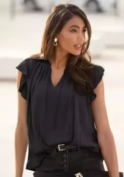 LASCANA Блузка без шнуровки, с рюшами на рукавах, блузка с короткими рукавами, элегантная, черный