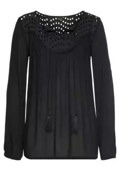 LASCANA Блузка из крепа, с вышивкой люверсов, женская блузка, свободного кроя, черный