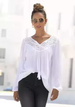 LASCANA Блузка из крепа, с вышивкой люверсов, женская блузка, свободного кроя, белый