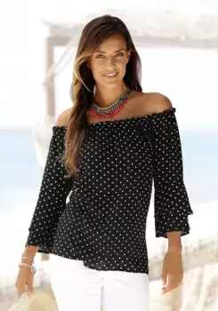 LASCANA Блузка Кармен, с точечным принтом, блузка женская, с открытыми плечами, повседневная, черно-белый