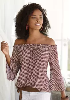 LASCANA Блузка Кармен, с точечным принтом, блузка женская, с открытыми плечами, повседневная, цвет Sand-Dunkelrot-Bedruckt