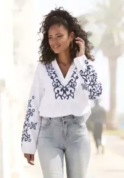 LASCANA блузка с длинными рукавами, со сложной вышивкой, женская блузка, туника, голубой