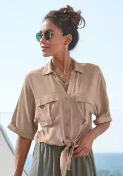 LASCANA Блузка с короткими рукавами, с узлом и планкой на пуговицах, рубашечный воротник, женская блузка, цвет Camelfarben