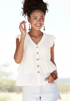 LASCANA блузка с рюшами, с короткими рукавами, летняя блузка с планкой на пуговицах и воланом, кремовый