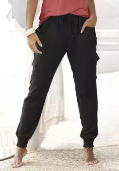 LASCANA Брюки без застежки из вискозного полотна с карманами, тканевые брюки, брюки-карго, черный