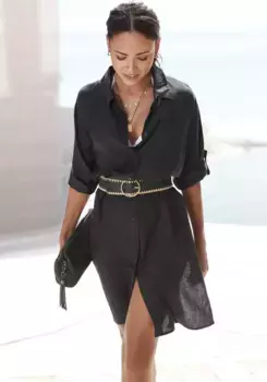 LASCANA Длинная блузка из легкой ткани с содержанием льна, воздушное платье-блузка, черный