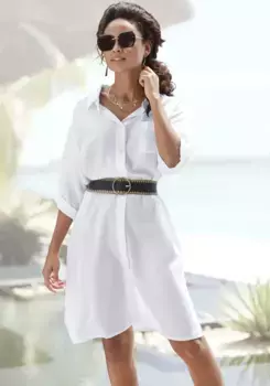 LASCANA Длинная блузка из легкой ткани с содержанием льна, воздушное платье-блузка, белый