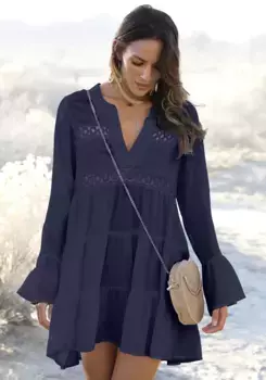 LASCANA длинная блузка, с кружевными вставками, блузка-платье, туника, летнее, цвет морской волны