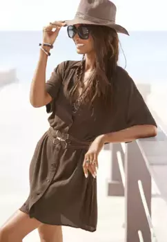 LASCANA длинная блузка, с планкой на пуговицах, блузка с коротким рукавом, блузка-платье, летняя, коричневый