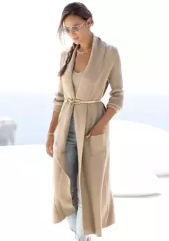 LASCANA длинный кардиган, с ребристыми деталями и карманами, повседневное вязаное пальто, цвет Camelfarben