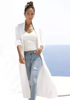 LASCANA длинный кардиган, с ребристыми деталями и карманами, повседневное вязаное пальто, белый