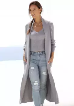 LASCANA длинный кардиган, с ребристыми деталями и карманами, повседневное вязаное пальто, цвет Grau-Meliert