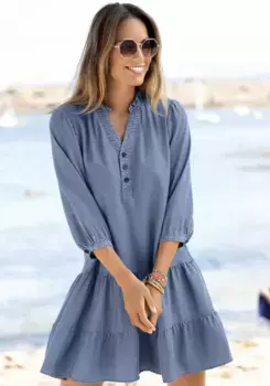 LASCANA джинсовое платье с рюшами на воротнике и планке на пуговицах, платье-блузка, платье-туника, джинсовый