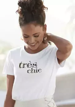 LASCANA Футболка с принтом, рубашка из хлопка с короткими рукавами, повседневный шик, белый