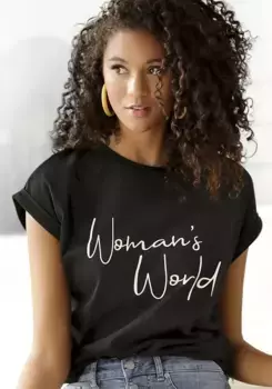 LASCANA Футболка с принтом спереди, хлопковая рубашка с короткими рукавами, базовая, черный