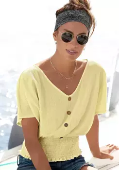 LASCANA Футболка с широким присборенным краем и повязкой на голову, блузка-рубашка, летняя, желтый