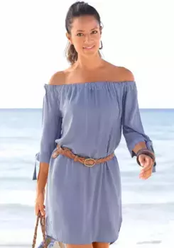 LASCANA платье-блузка с полосатым принтом и вырезом кармен, летнее платье, пляжное платье, белый