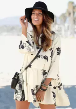 LASCANA платье-блузка, широкого кроя с воланами и цветочным принтом, платье-туника, пляжное платье, черный