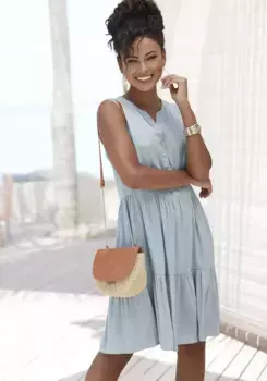 LASCANA Платье летнее из вискозного полотна, пляжное платье с воланами, базовое, голубой