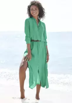 LASCANA платье-рубашка из крепированной вискозы, платье макси с разрезом, летнее платье, зеленый