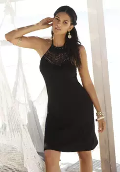 LASCANA платье с вырезом халтер, с кружевной вставкой, короткое летнее платье, пляжное платье, черный