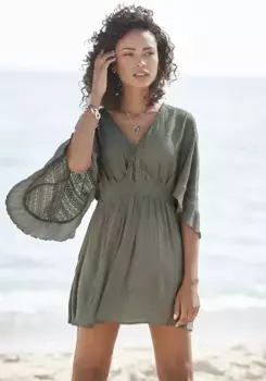 LASCANA платье-туника, широкие рукава, кружево, платье-блузка, пляжная одежда, хаки