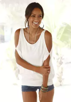 LASCANA пляжная рубашка, с разрезами на плечах, рубашка с коротким рукавом, длинная рубашка, с открытыми плечами, кремовый