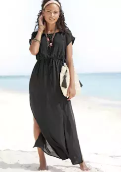 LASCANA пляжное платье из слегка прозрачной ткани, платье макси с разрезом, летнее платье, черный