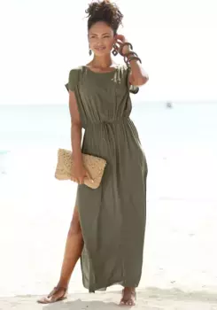 LASCANA пляжное платье из слегка прозрачной ткани, платье макси с разрезом, летнее платье, хаки
