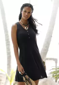 LASCANA пляжное платье с декоративными пуговицами на вырезе, короткое летнее платье, трикотажное платье, черный