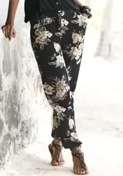 LASCANA пляжные брюки с цветочным принтом и карманами, трикотажные брюки, летние брюки, цвет Schwarz-Bedruckt