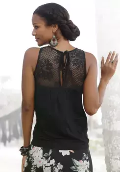 LASCANA пляжный топ с кружевными вставками, женский топ с завязкой, кружевной топ, черный