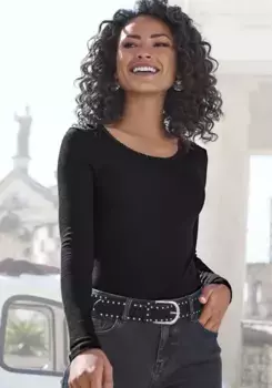 LASCANA рубашка с длинными рукавами и кружевом по вырезу, черный