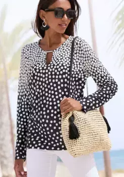 LASCANA рубашка с длинными рукавами и небольшим вырезом, черный