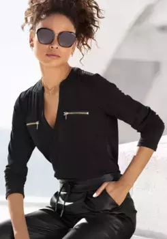 LASCANA рубашка с длинными рукавами, с деталями на молнии, блузка-рубашка, повседневная женская блузка, черный