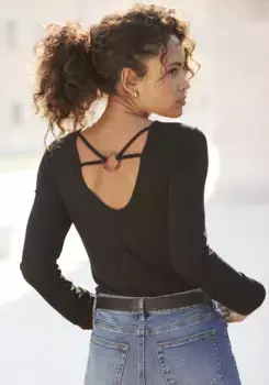 LASCANA рубашка с длинными рукавами, с глубоким вырезом сзади и декоративным кольцом, рубашка с длинными рукавами и V-образным вырезом, черный