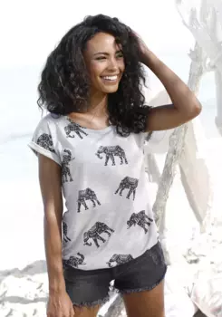 LASCANA рубашка с короткими рукавами и мотивом слона, бежевый