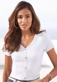 LASCANA рубашка с короткими рукавами, из ребристой ткани с декоративной планкой на пуговицах, футболка, V-образный вырез, белый