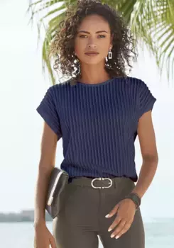 LASCANA рубашка с короткими рукавами, с окантовкой, не гладкая футболка из современной структурированной ткани, синий