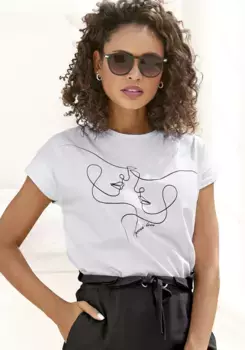 LASCANA рубашка с короткими рукавами, с принтом спереди, хлопковая футболка, белый