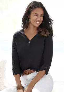 LASCANA Рубашка с рукавом 3/4, с модными деталями на рукавах и V-образным вырезом, блузка-рубашка, черный