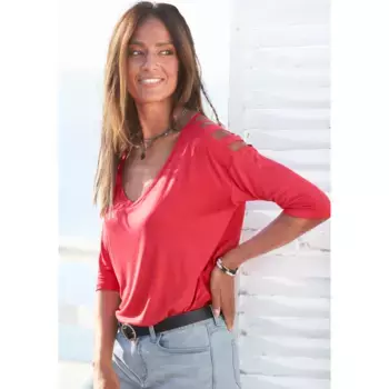 LASCANA Рубашка с рукавом 3/4, вырезами, изысканным длинным рукавом, с открытыми плечами, красный