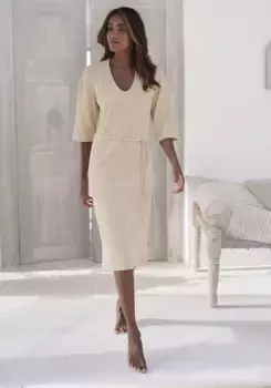 LASCANA спортивное платье "платье в рубчик, платье для отдыха", с широкими рукавами и поясом, одежда для дома, цвет Sand-Melange