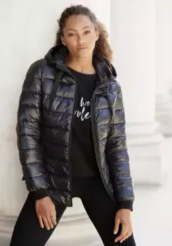 LASCANA Стеганая куртка, с капюшоном, со съемным капюшоном, черный