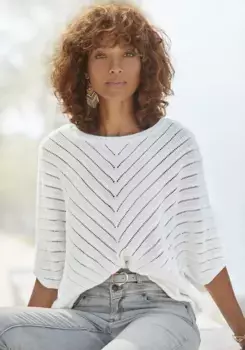 LASCANA Свитер Ajour, с короткими рукавами, свитер свободной вязки из хлопка, белый