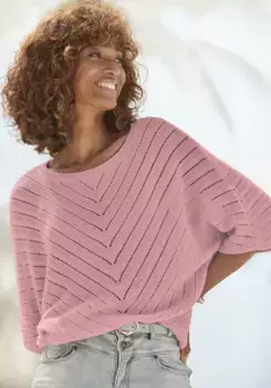 LASCANA Свитер Ajour, с короткими рукавами, свитер свободной вязки из хлопка, лиловый